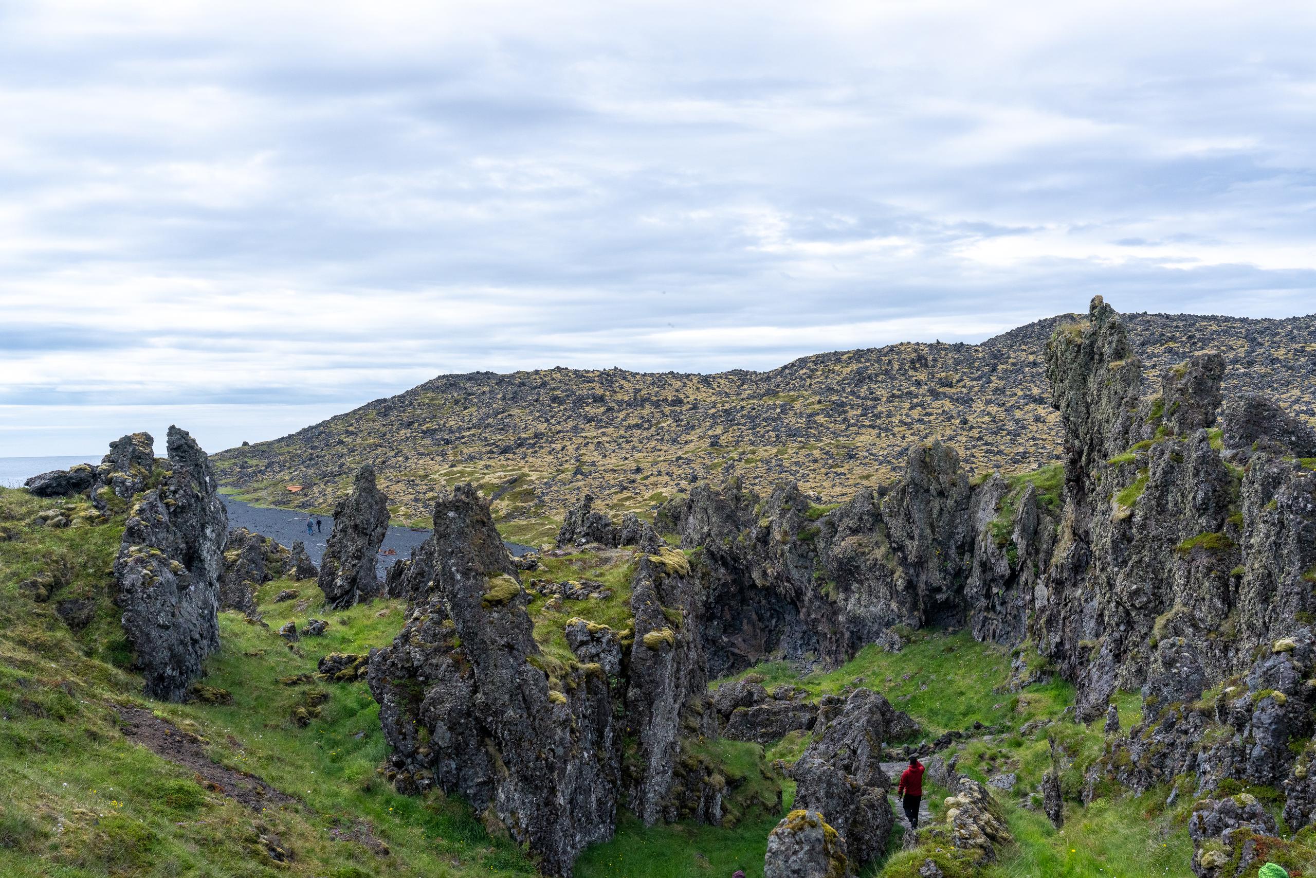 Undulating tundra and lava landforms: The frame is filled with dark gray, sharp and broken volcanic rocks, with bright green grass and moss growing between the rocks. At the bottom of the frame, a man in red is walking along a stone path. A black beach and sea surface can be seen low on the left; in the distance are rolling hills covered with yellow-green moss, and the sky is covered with thin clouds.