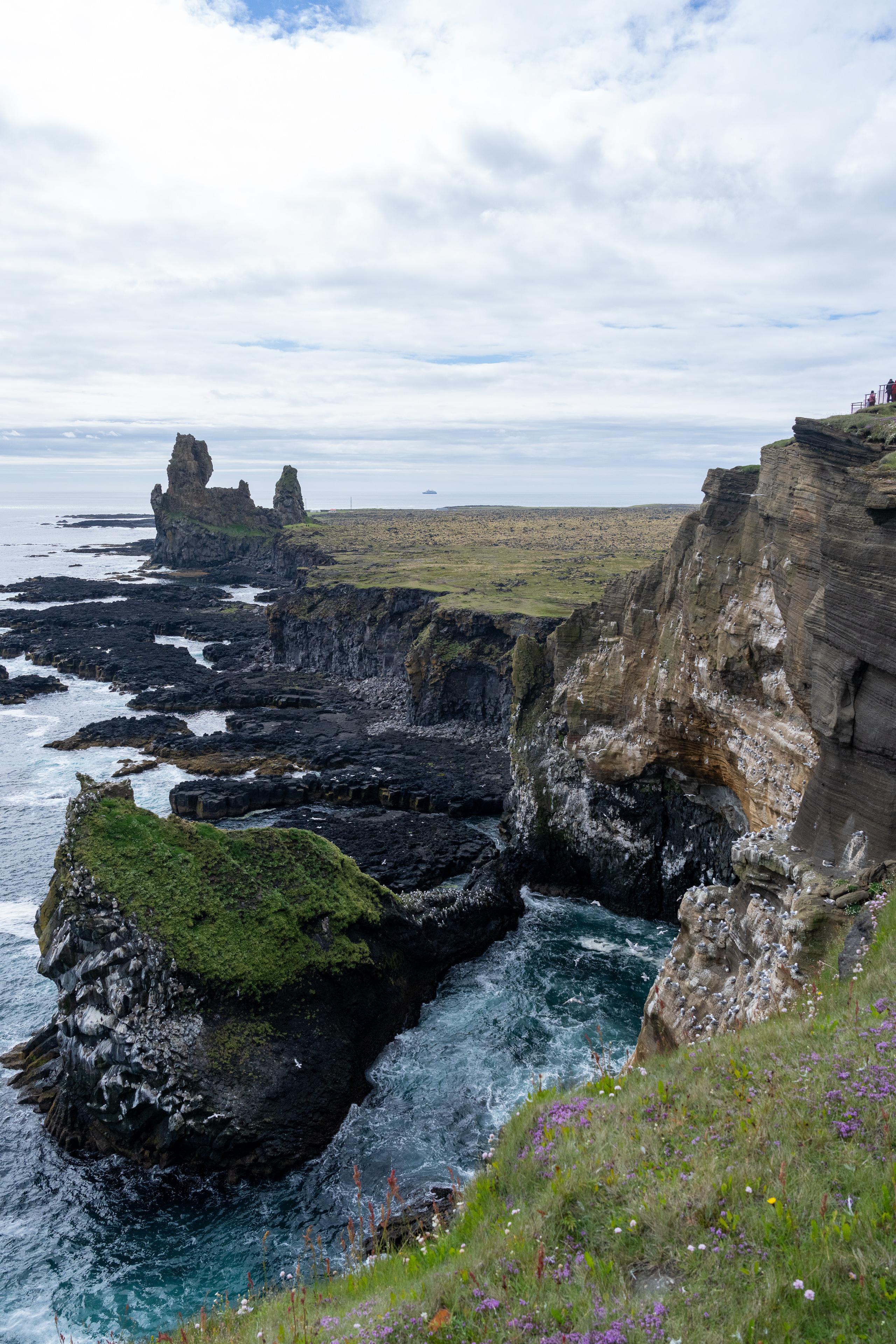 A high-angle view of the coast: On the right is a cliff composed of layered rock walls, with several people watching on the grassy slope on the top of the cliff; in the middle left, a black rock has been eroded by the waves and a large hole has been carved, and the sea surface is visible through the hole.
