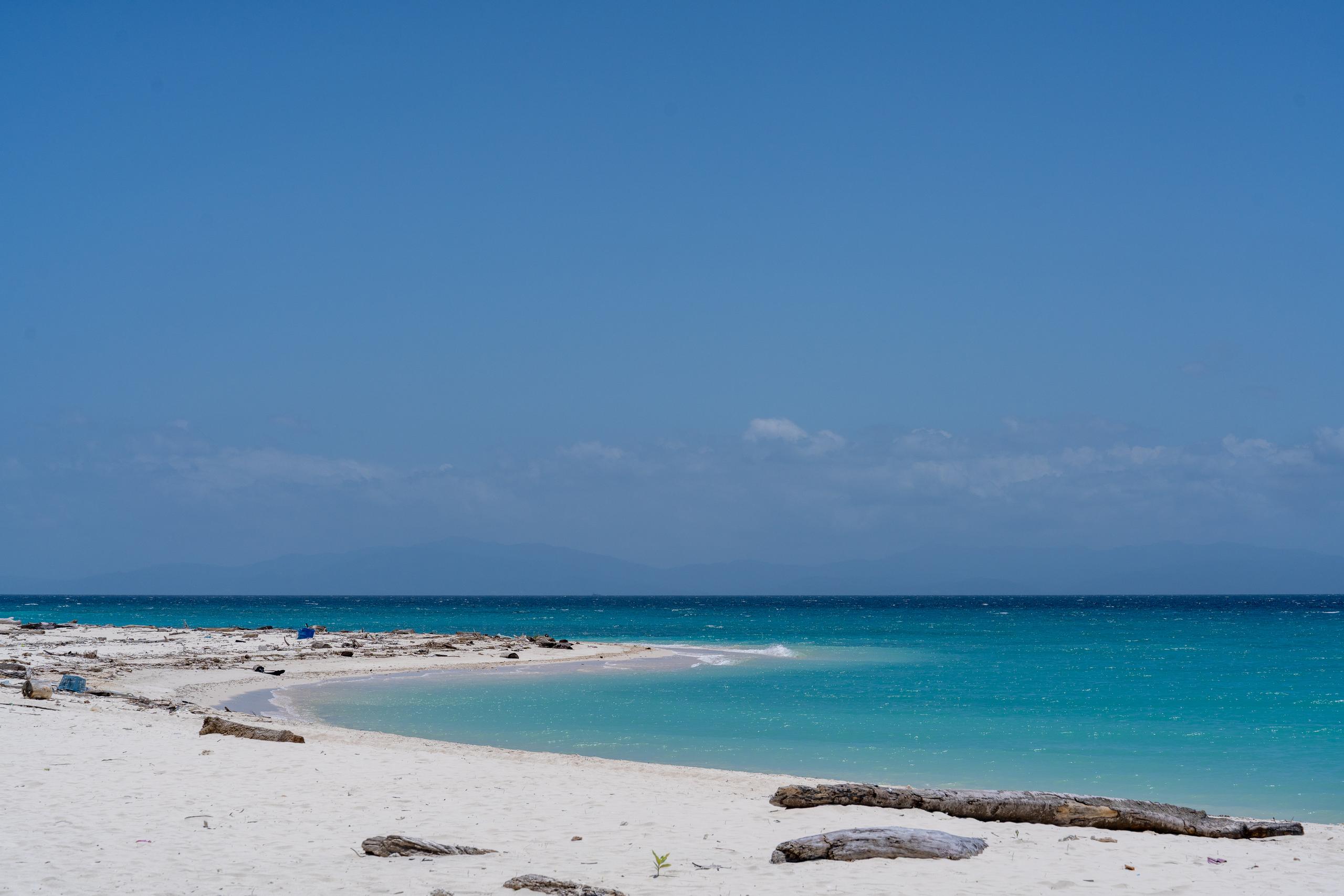 A stretch of white sandy beach extends along a shallow arc-shaped bay. The offshore water is clear turquoise, gradually turning into dark blue outwards; several weathered driftwood logs lie scattered on the sand, and the shore is otherwise empty; the sky is clean blue, and the faint outline of the island vaguely appears on the horizon.