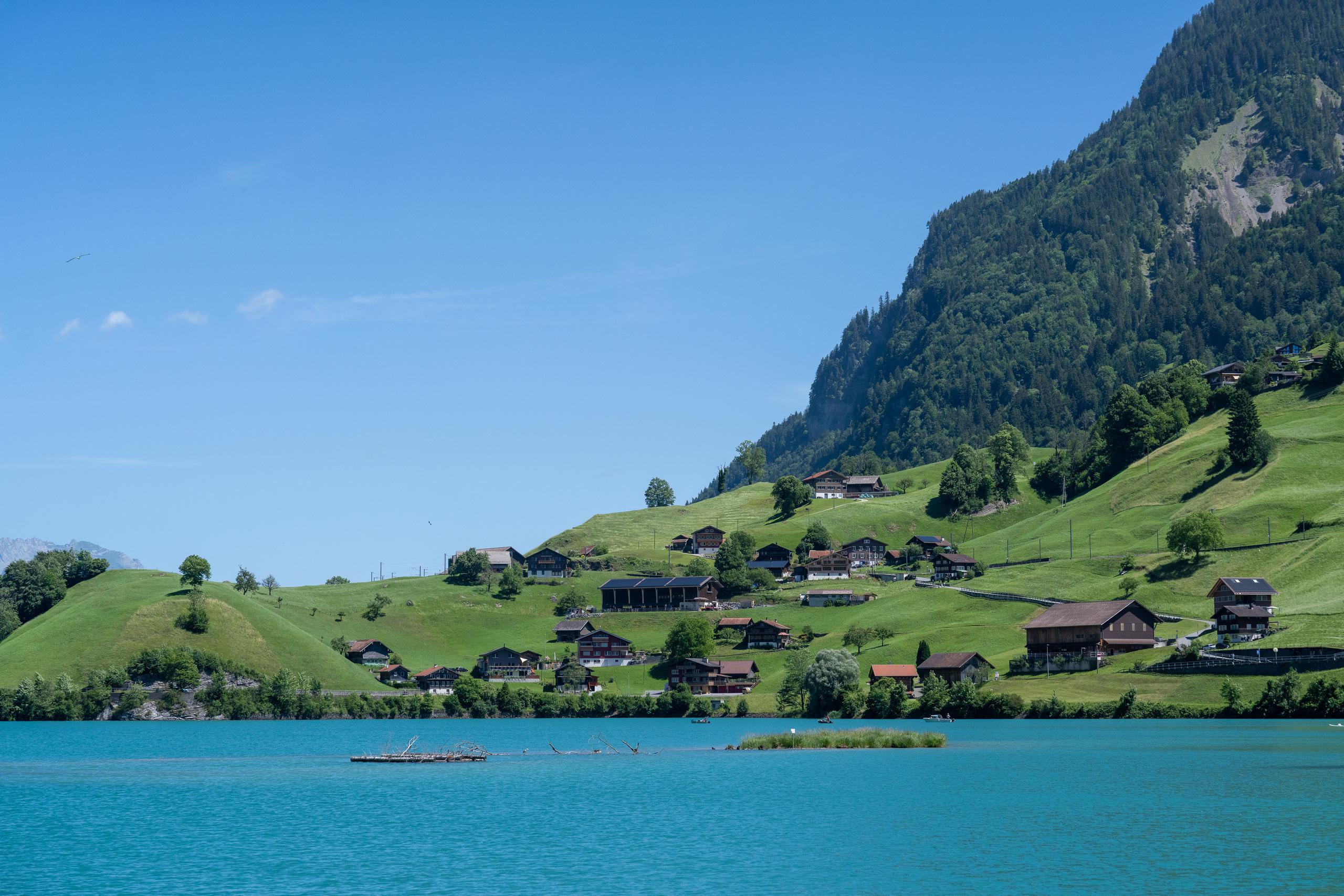 Under the blue sky, there are turquoise lakes and lakeside hillside villages: many houses and farmhouses with dark wooden roofs and white or wooden walls are scattered on the layers of bright green grass slopes. The slopes are dotted with isolated trees; on the right is a steep mountain covered with dark green forest and exposed rock walls. The lake surface is calm and peacock blue, with a floating platform and a small reed island in the water.
