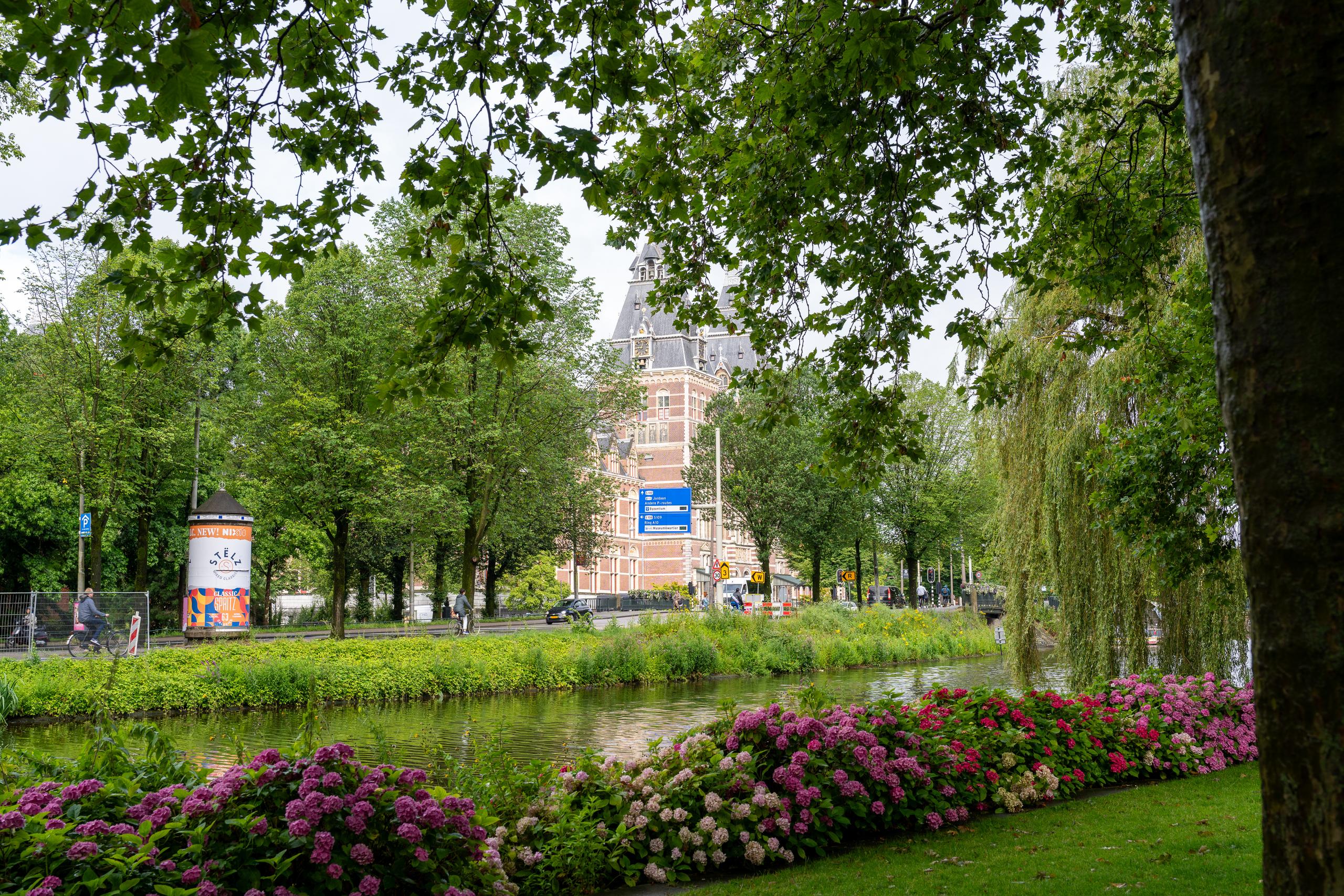 A European city canal on a cloudy day: the top of the frame is framed by dense green leaves, and on the right is a tree with a thick trunk and hanging willow branches; in the middle is the green river covered with duckweed and grass on both sides, and at the end stands a brick building with a spire and dormer windows; in the foreground is a long row of pink and purple hydrangeas in bloom, and there is a cyclist on the road to the left.